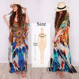 Blue Bohemian Embroidered Batwing Sleeve Side Split Summer Beach Dress Chiffon Tunic Women Plus Size Beachwear kaftan