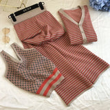 3 PCS Sets Striped Cardigan Jacket + Suspender Vest + Side Slit Skinny Broad-legged Pants Women Early Autumn