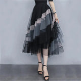 Y2K Patchwork Tulle Skirts Women High Waist Irregular Mesh A Line Midi Skirt Korean Elegant Asymmetrical Pleated