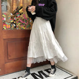 Tulle Midi Skirts Womens 2022 Autumn Elastic High Waist Mesh Tutu Pleated Skirts Female Black White Long Skirt
