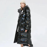 degrees Waterproof Thick Winter Super Long Down Coat Women Puffer Jacket Shiny Laser 90% White Duck Down Jacket Hooded