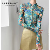 Dragon Print Green Mesh Top Long Sleeve Blouse Button Up Collar See Through Shirt Designer 2021 Fashion