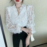 V-neck Hollow Lace Bottoming Shirt Korean Fashion Long Sleeve Elegant Blouse Slim Vintage Shirt Women Tops Blusas