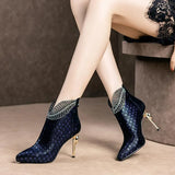 Pattern Embossed Leather Boots Woman Ankle Boots Plating Heel Rhinestone Women's Winter Shoes 2020 Female Footware