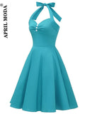 Solid Women's Vintage Halter Dress 1950s Summer Spring Retro Rockabilly Cocktail Swing Tea Dresses 50s 60s Tunic
