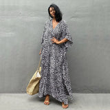 Leopard Self Belted Side Split Summer Beach Dress Long Tunic Women Clothes Plus Size Beachwear Maxi Dress