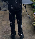 Street Retro American Rhinestone Hot Rhinestone Cross Jacket Black And White Cardigan Hooded Sweater Women's Pants Set