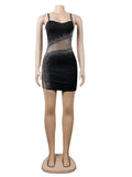 Sexy Black Rhinestone Crystal Mesh Patchwork Mini Dress Womens Strap Skinny Night Clubwear Bodycon