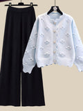 Winter Knit Sets Womens Outfits Korean Sweet Floral Knitted Cardigan And Wide Leg Pants Sets Ladies Elegant Knitting