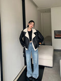 Wool Coat Women Thick Warm Long Sleeve Zipper Pocket Jacket Women Fashion Leather Motorcycle Jacket