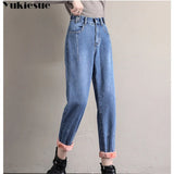 winter thick warm fleece womens high waist Women's boyfriend harem jeans baggy woman denim Pants jean mom jeans