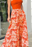 Women 2 Piece Set Sexy One-Shoulder Puff-Sleeve Top Printed Pant Two-Piece Sets High Streetwear Fashion Skirts Set