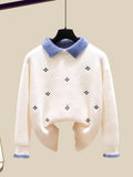 Knitted Two Piece Set Womens Outfits Korean Casual Turn Down Collar Long Sleeve Embroidery Knitted Sweater+skirts