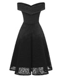 Elegant Summer Women Lace Tunic Midi Dress Slash Neck Short Sleeve Knee Pure Solid Black Red Knee Length A Line Party