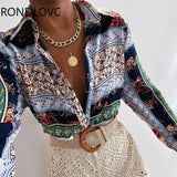 Women Chic Elegant Long Sleeves All Over Print Turn Down Collar Women Blouse