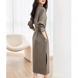 Temperament Commuting Long Sleeves Wearing Skirts In The Fall Of 2025 New V-Neck Waist Thin Shirt Dress