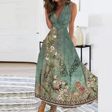 Women Sleeveless Evening Dress Casual High Waist Boho Beach Dress New Summer Deep V-neck Floral Print Long Dress