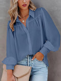 Autumn White Shirt Women Button Up Lantern Sleeve Shirt Ladies Blouse Ruched Loose Shirt For