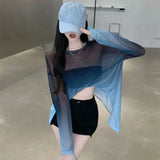 Sexy Hollow Out Backless T Shirts Women Gradient Ice Silk Loose Sunscreen Shirts Summer Gothic See Through Blouses