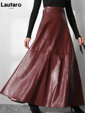 Autumn Long Black A Line Soft Faux Leather Skirt Women High Waist Blue Stylish Maxi Skirts Korean Fashion Clothing