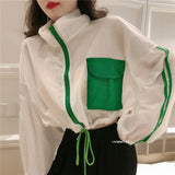 Spring Summer Women Casual Loose Pocket Color Contrast Batwing Sleeve Drawstring Zipper Short Coat