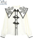 Women Lace Embroidery Long Sleeve Single Breasted Blouse Peter Pan Collar Solid Female Loose Casual Tops 2023 Autumn