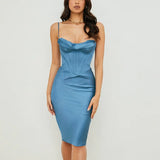 High Quality Satin Spaghetti Strap Bodycon Dress For Women Summer Sleeveless Backless Double Layer Party Club