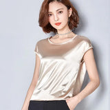 New Silk Blouse Women Tops Fashion Elegant O-neck Short sleeve Solid Shirt Women Blouses Summer Casual Blusas