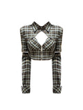 Fashion Women's Blouses Patchwork Casual Long Sleeve Korean Chic Hollow Out Plaid Shirts Elegant Y2k Female Polo Blusas