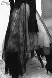 Black Long Skirts Mesh Punk Style Lace Patchwork Women High Street Y2k Aesthetics Ball Gown A-line Elegant Gothic
