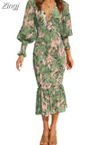 Elegant Women Spring Autumn Dress Floral Leaves Print V-neck Puff Long Sleeve Elastic Waist Slim Fit Ruffle Hem