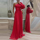 One Shoulder Sleeve Split Party Dress Fashion Autumn Solid Pleated Dress 2023 Elegant Diagonal Collar Chiffon Long