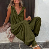 Button Sleeveless Beach Romper Simple Solid Cross-pants Lady Playsuit Women Casual Loose Hooded Jumpsuit Summer