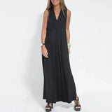 Office Lady Side Split Party Dress Casual Pleated Solid Robe Dress 2023 Women Fashion V-Neck Sleeveless Long Dress