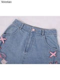 Harajuku Lolita Style Denim Shorts Girly Sweet Cute Cartoon Piggy Embroidery Bow Bandage Short Pants Women Kawaii
