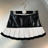 2022 Autumn New Arrivals High Waist Black White Patchwork Slim Pu Pleated Skirt Women