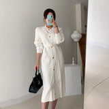 Elegant O-neck Single-breasted Women Solid Sweater Dress OL Style Long Sleeve Belted Knitted Mid-length Dress