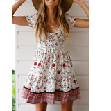 Queens Women Floral Print Lace Short Sleeve Beach Sexy Bohemian Mini Dress Ladies V-neck Boho Dresses
