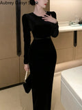 Velvet Black Midi Dress Women Elegant Chic Designer Long Sleeve Dress Sexy Casual Evening Party Formal Occasion Dress