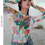 Japanese Style Y2k Aesthetic Mesh Tops See Through Translucent Long Sleeve T Shirts Women Tie Dye Art Print