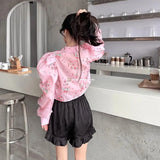 Y2K Printing Shirt Korean Sweet Puff Sleeve Crop Tops Fashion Turn Down Collar Long Sleeve All Match Harajuku Blouses