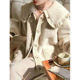 Sweet Lamb Wool Coat Women Kawaii Peter Pan Collar Plush Jackets Korean Cute Thick Ruffled Patchwork Chic Outwear Tops