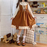 Autumn New Kawaii Lolita Splicing Cosplay Loli Dress Sweet Soft Girl Bow Full Sleeve Cute Ruffles Brown Stripe