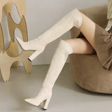 Faux Suede Knee High Boots Winter Women Boots Square High Heel Long Boots Slip On Pointed Toe Fashion Woman's Boots