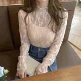 Style Sexy Hollow Out White Lace Blouse Women High Neck Embroidery Elegant Blouse Sheer Undershirt Pullover