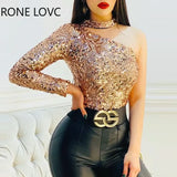 Women O Ring One Shoulder Sequins Bodysuit Spring Tops and