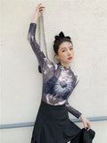 Goth Mesh Top Women 2021 Trend Fashion Graphic T Shirts Long Sleeve Turtleneck See Through Tshirts Gothic