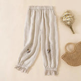 Vintage Cotton Linen Pants Women Elastic Lace Flower Embroidered Casual Harem Pants Loose All Match Bloomers