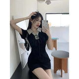 Y2K Mini Dress Women Patchwork Bandage Slim A Line Dresses Streetwear Korean Preppy Summer Short Sleeve Casual