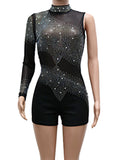 Black see through Rhinestone bodysuit club short jumpsuit women summer backless bodycon party rompers jumpsuits